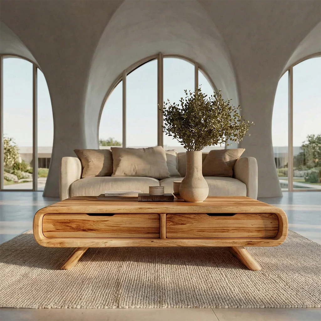 Curved Drawer Storage Coffee Table in Natural Solid Wood - Rustirawood
