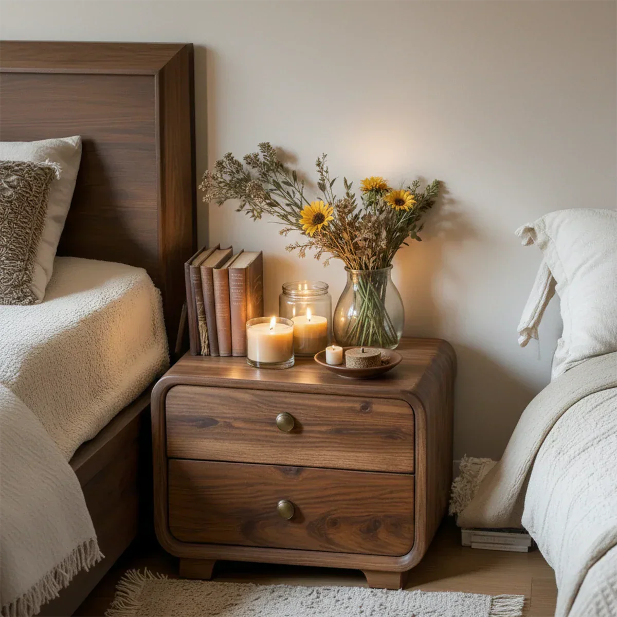 Curved Solid Wood Nightstand with Two Drawers - Rustirawood
