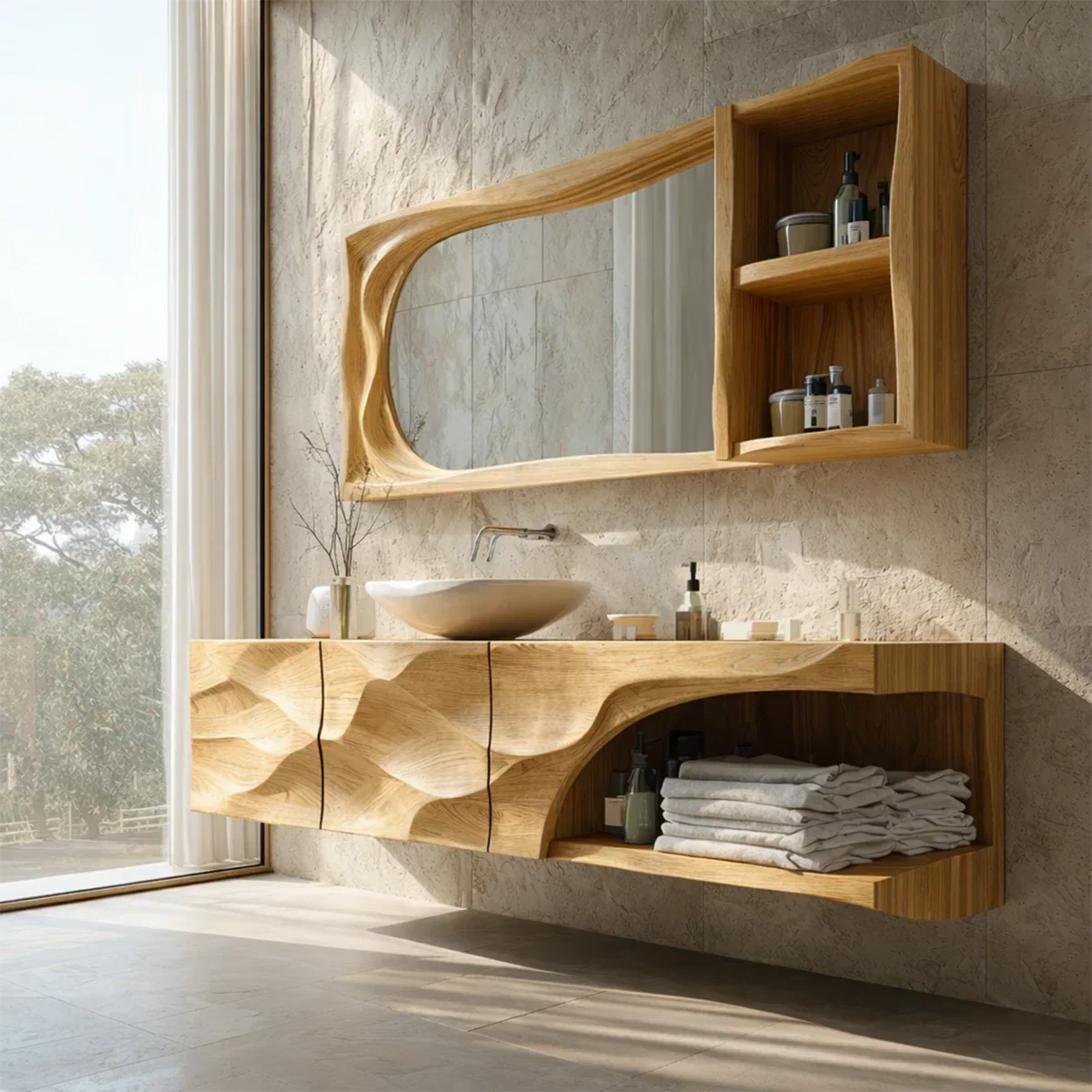 Floating Solid Wood Bathroom Vanity – Hand-Carved Natural Wood Storage Cabinet - Rustirawood