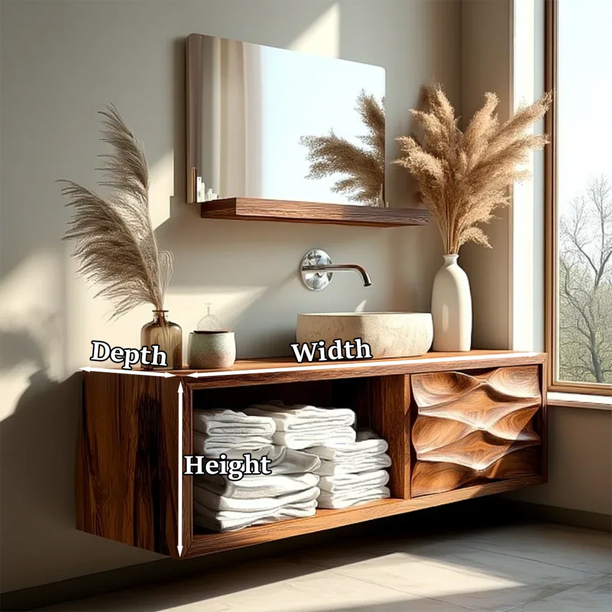 Floating Solid Wood Bathroom Vanity – Hand-Carved Natural Wood Storage Cabinet - Rustirawood