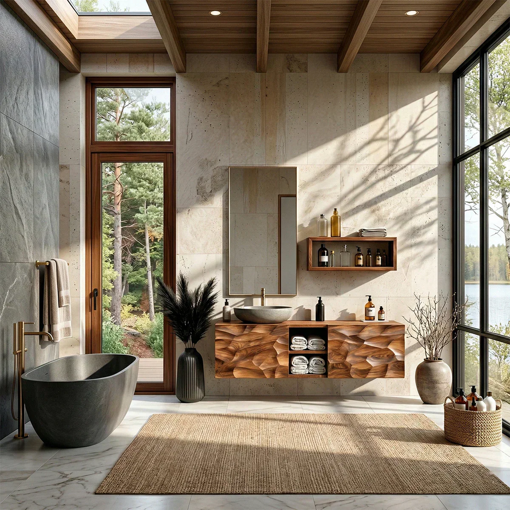 Floating Solid Wood Bathroom Vanity – Hand Carved Sculptural Front Cabinet - Rustirawood