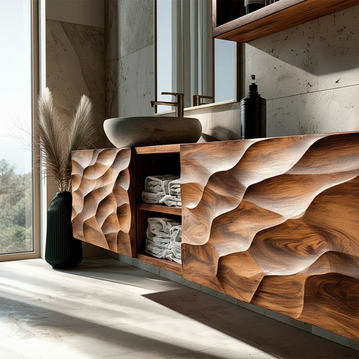 Floating Solid Wood Bathroom Vanity – Hand Carved Sculptural Front Cabinet - Rustirawood