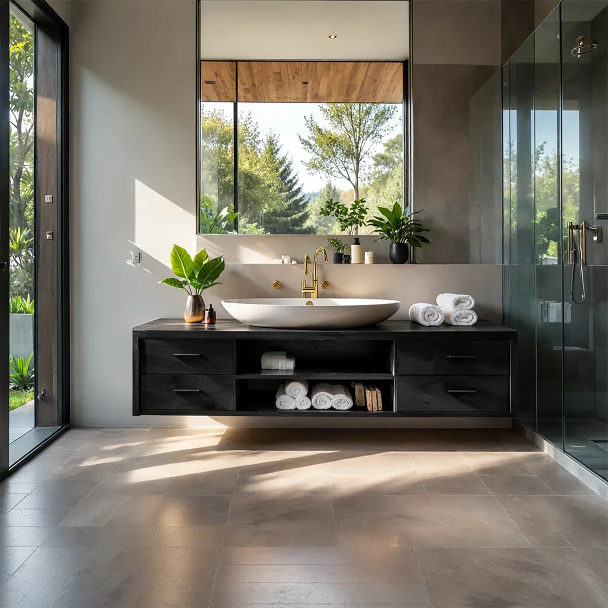 Floating Solid Wood Bathroom Vanity – Modern Vanity with Drawers and Open Shelf - Rustirawood