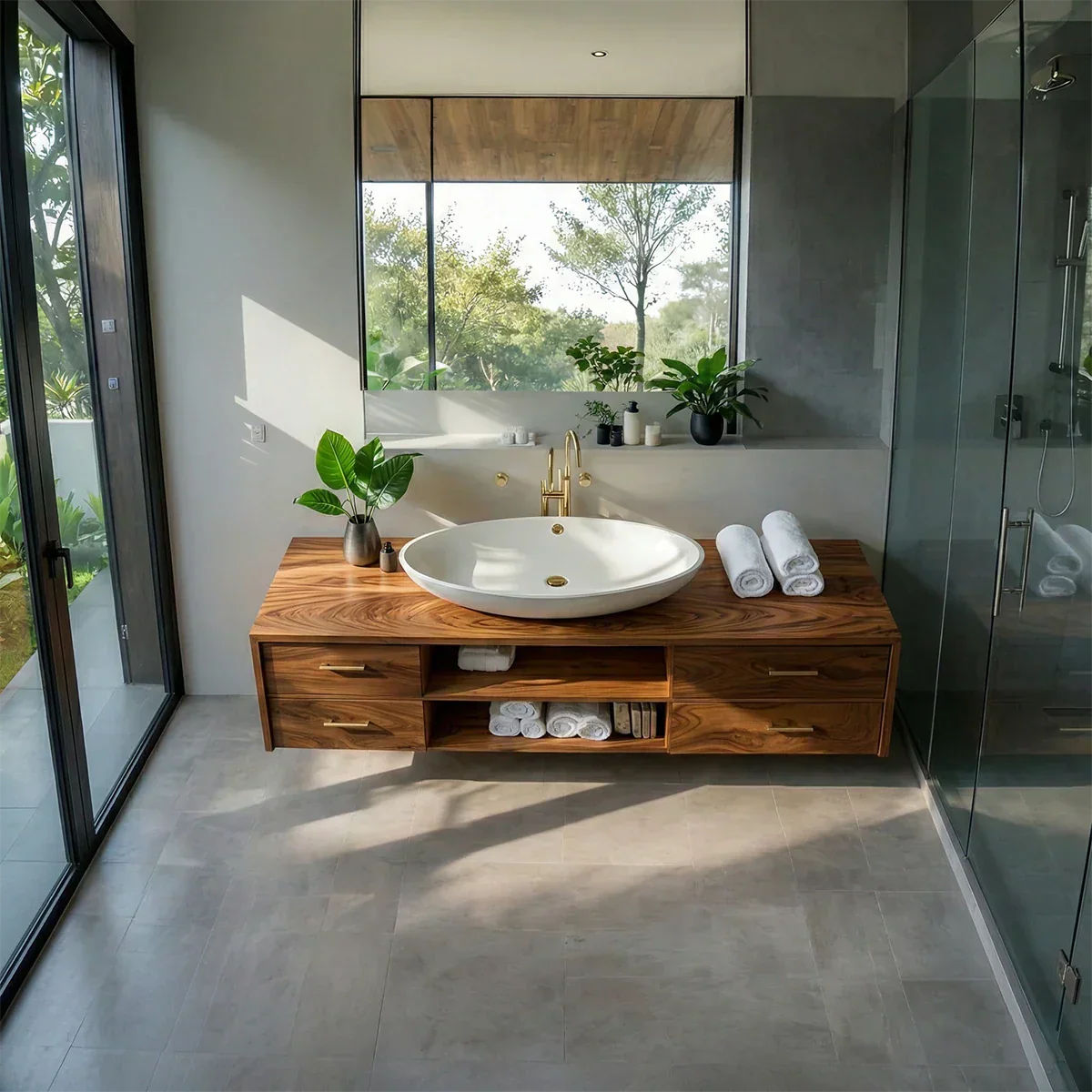 Floating Solid Wood Bathroom Vanity – Modern Vanity with Drawers and Open Shelf - Rustirawood