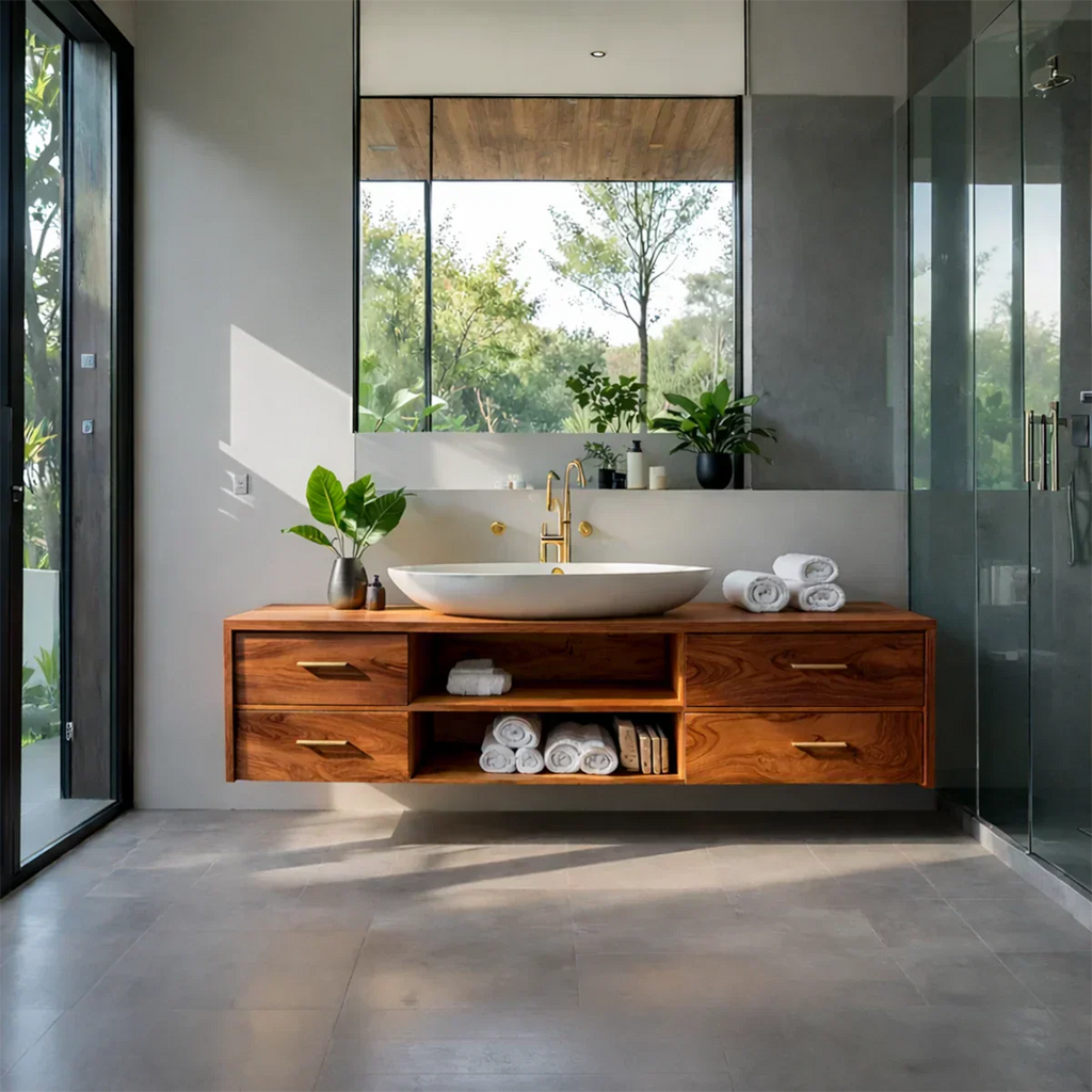 Floating Solid Wood Bathroom Vanity – Modern Vanity with Drawers and Open Shelf - Rustirawood