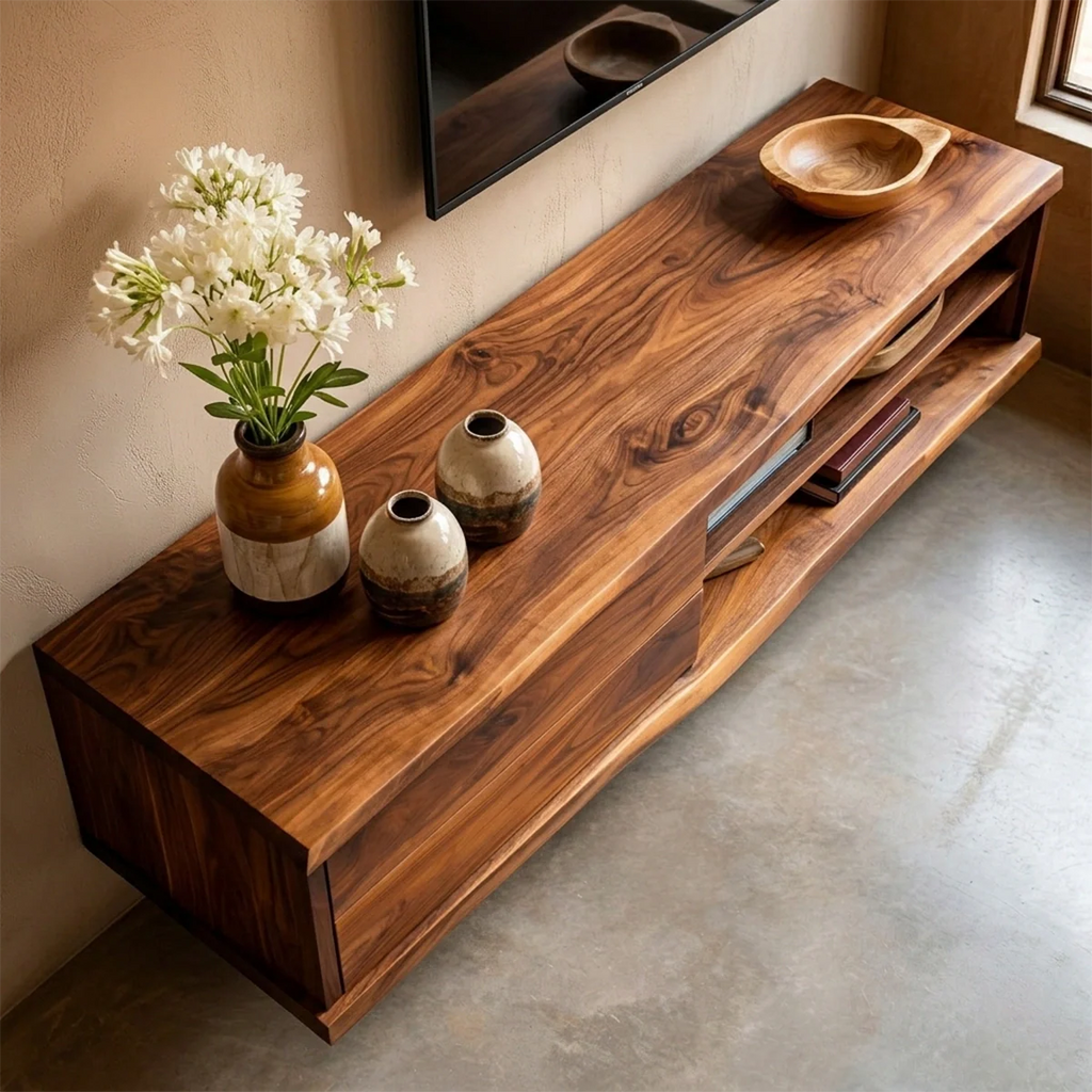 Floating Solid Wood TV Stand with Dual Shelf Storage and Clean Modern Form - Rustirawood