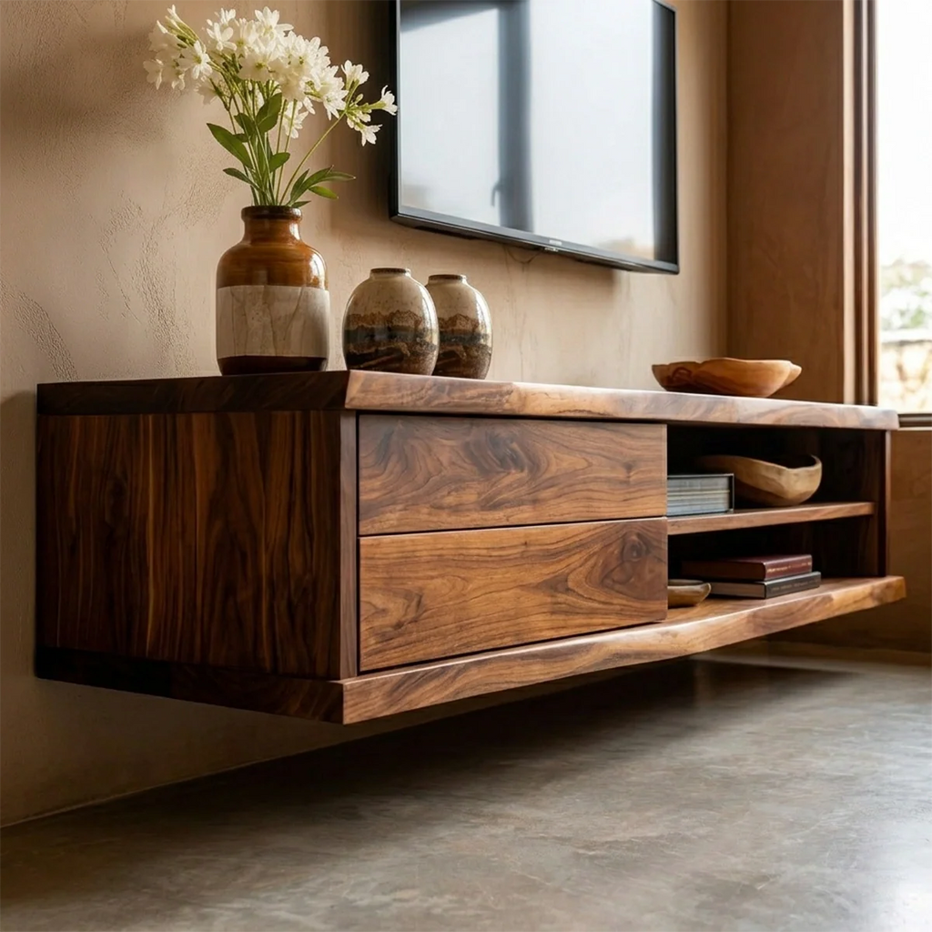 Floating Solid Wood TV Stand with Dual Shelf Storage and Clean Modern Form - Rustirawood