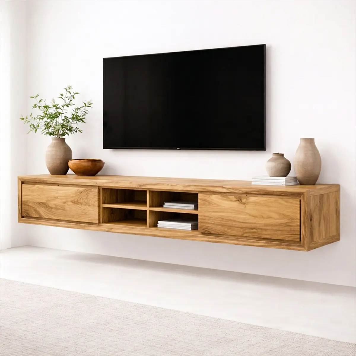 Floating Solid Wood TV Stand with Open Shelving Minimalist Media Console - Rustirawood