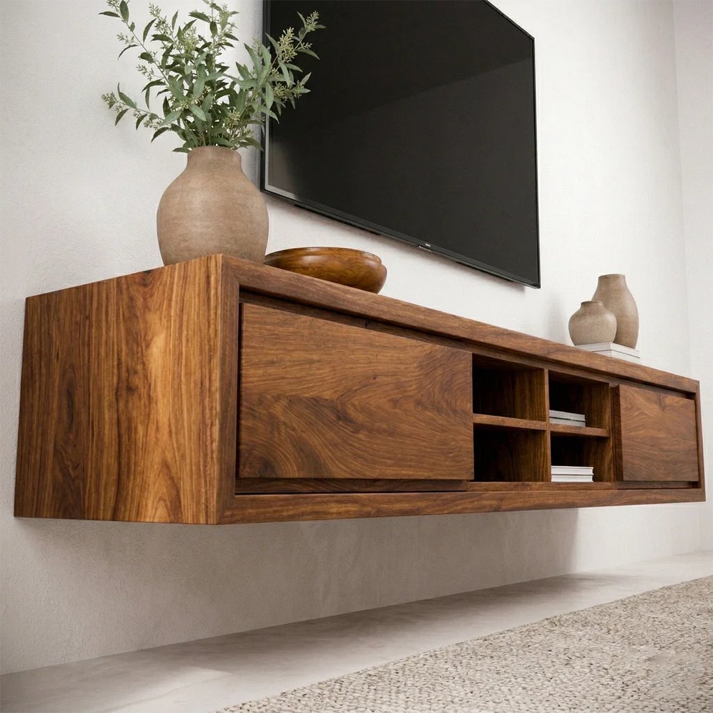 Floating Solid Wood TV Stand with Open Shelving Minimalist Media Console - Rustirawood