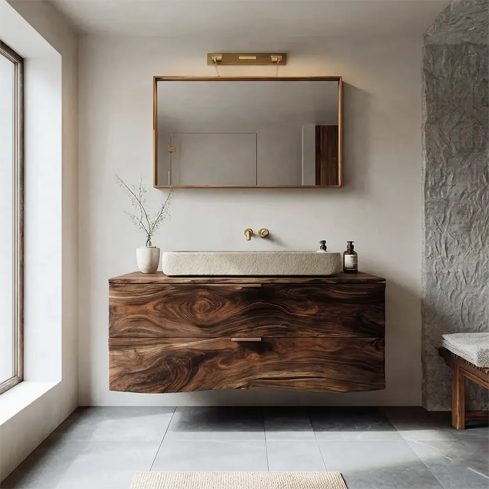 Floating Traditional Bathroom Vanity Cabinet in Natural Solid Wood