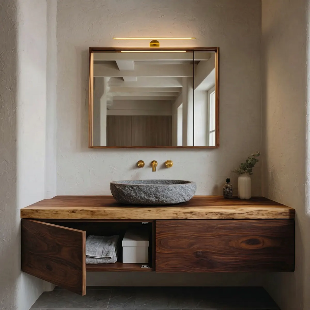 Floating Traditional Bathroom Vanity Cabinet in Natural Solid Wood - Rustirawood