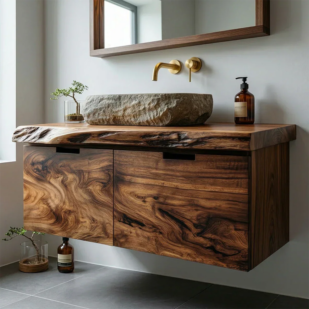 Floating Traditional Bathroom Vanity Cabinet in Natural Solid Wood - Rustirawood