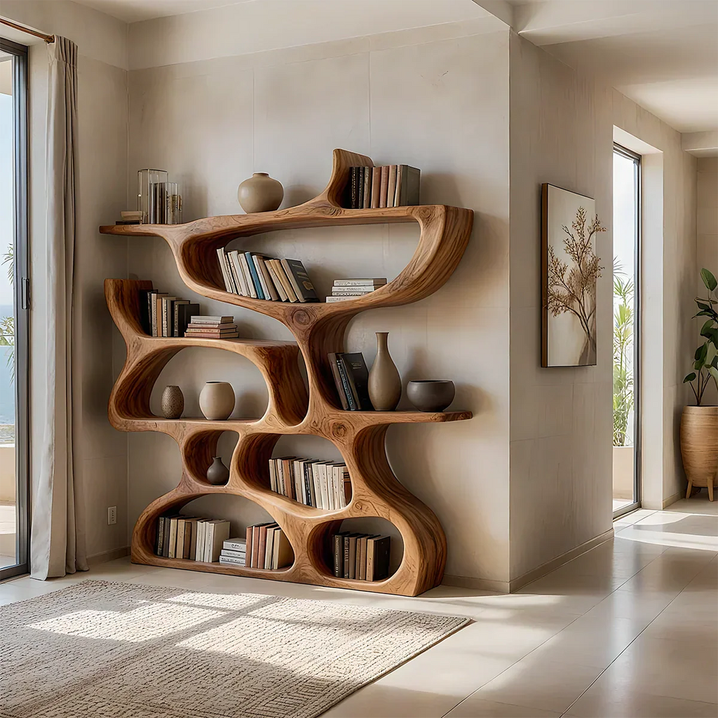 Flow Solid Wood Bookshelf – Sculpted Form Edition - Rustirawood