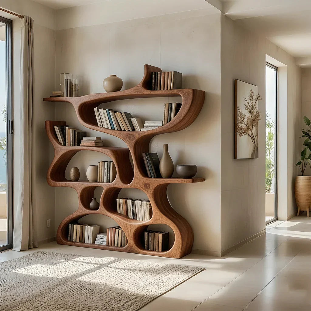 Flow Solid Wood Bookshelf – Sculpted Form Edition - Rustirawood