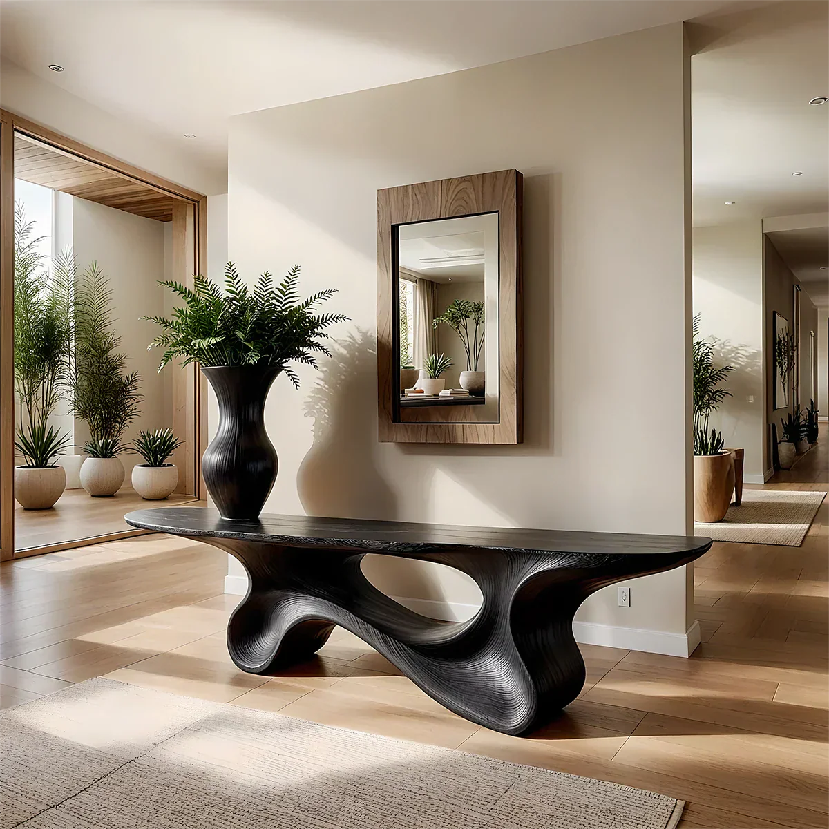 Fluid Twist Walnut Finish Console Table – Modern Sculptural Wood - Rustirawood