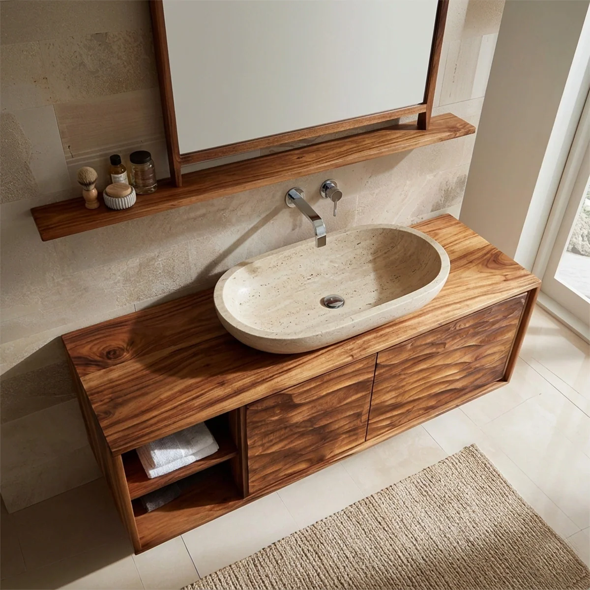 Traditional Solid Wood Bathroom Vanity Cabinet with Hand Carved Wood Doors