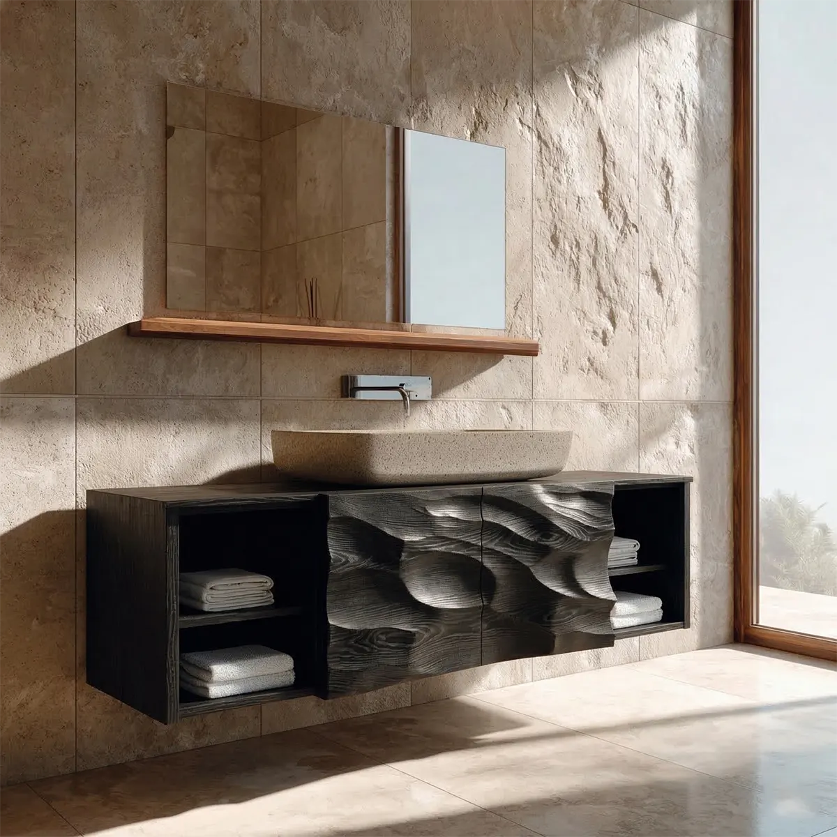 Hand Carved Natural Solid Wood Traditional Bathroom Vanity Cabinet - Rustirawood