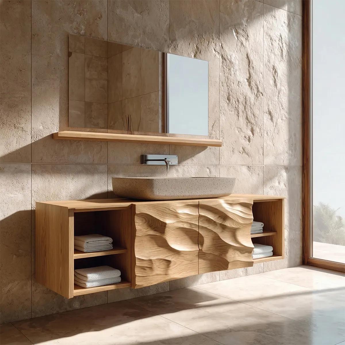Hand Carved Natural Solid Wood Traditional Bathroom Vanity Cabinet - Rustirawood