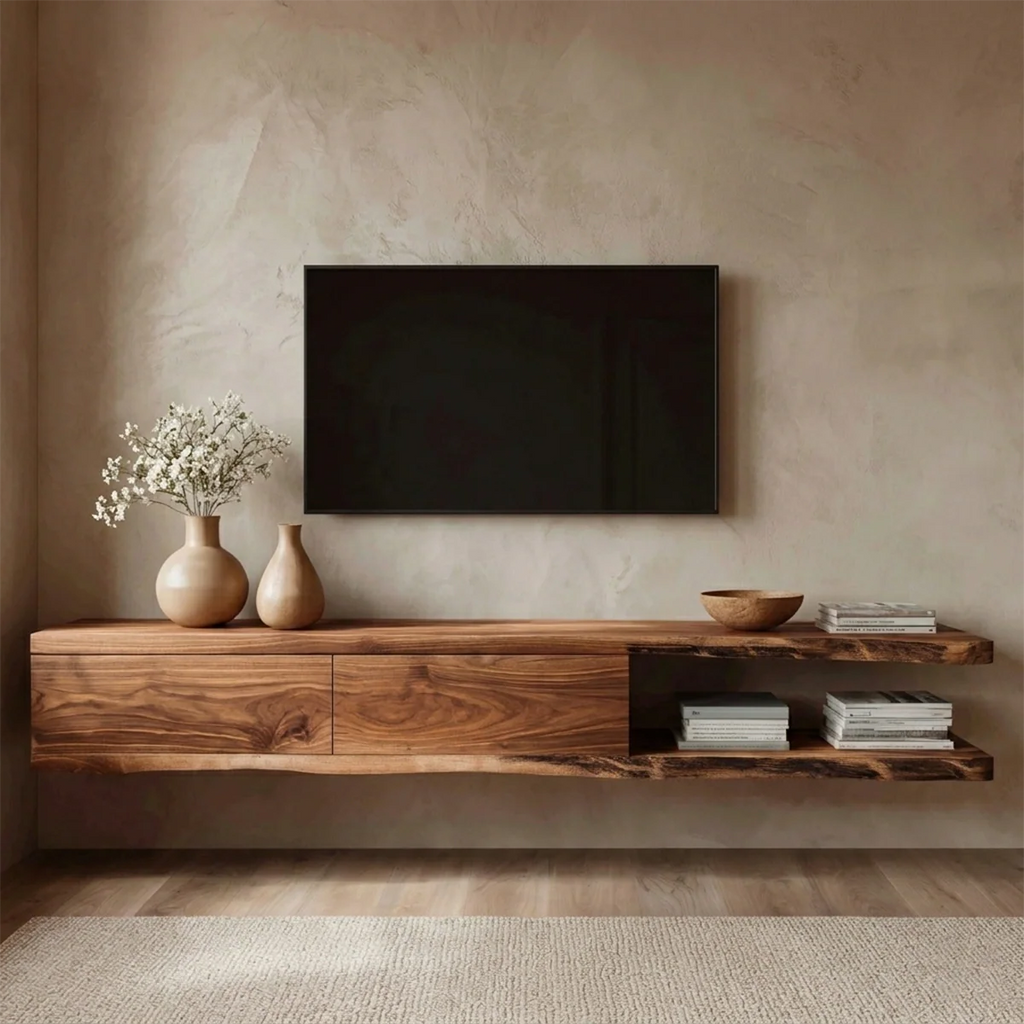 Handcrafted Floating Solid Wood TV Stand with Live Edge Shelves and Layered Storage - Rustirawood