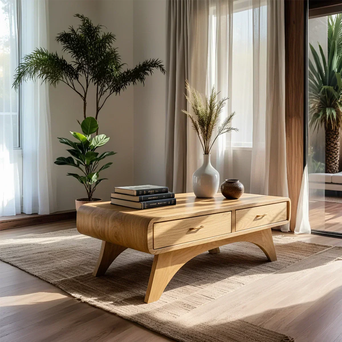 Handcrafted Mid-Century Natural Solid Wood Coffee Table with Storage - Rustirawood