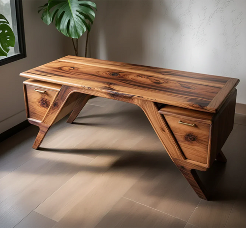 Handcrafted Natural Solid Wood Desk — Modern Angular Design - Rustirawood