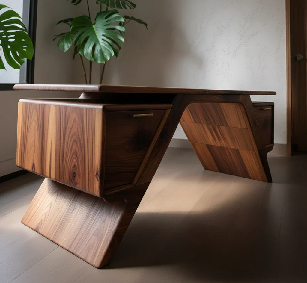 Handcrafted Natural Solid Wood Desk — Modern Angular Design - Rustirawood