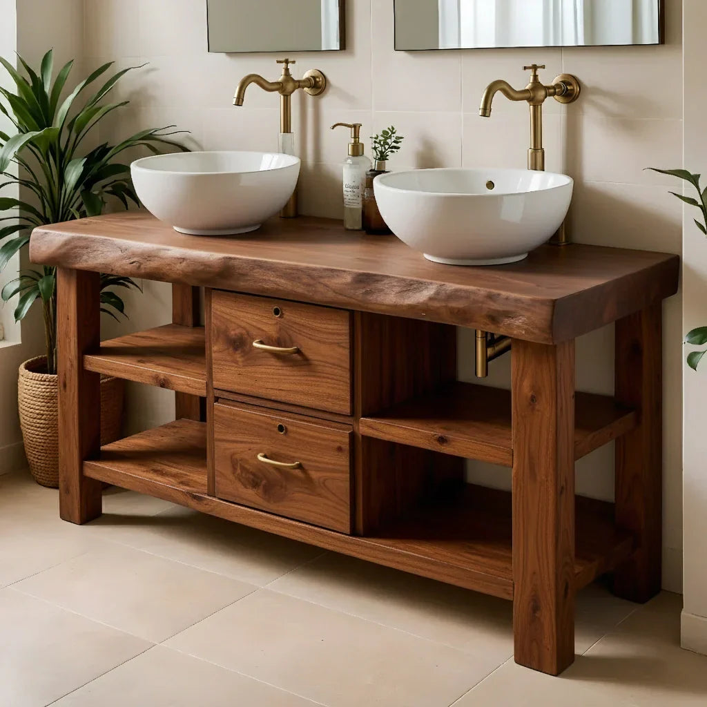 Handcrafted Natural Solid Wood Double-Sink Bathroom Vanity - Rustirawood