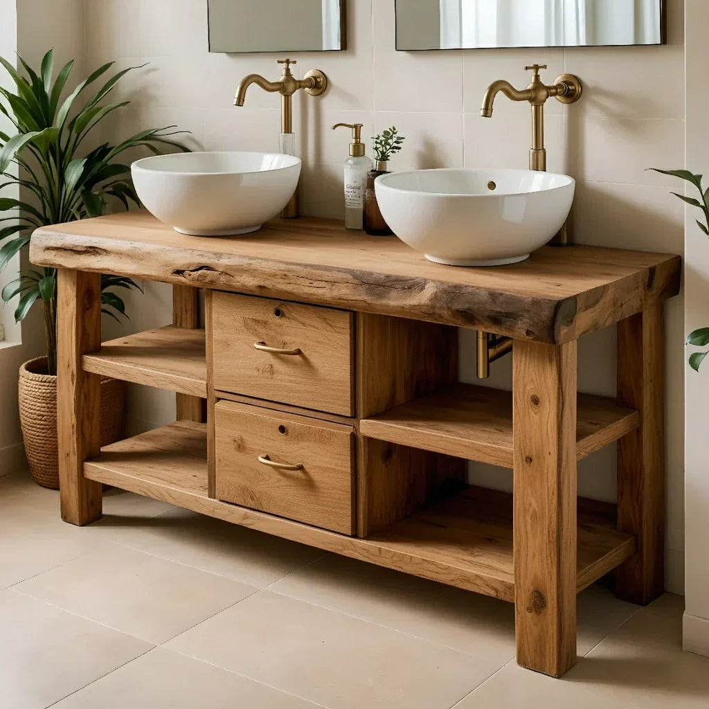 Handcrafted Natural Solid Wood Double-Sink Bathroom Vanity - Rustirawood