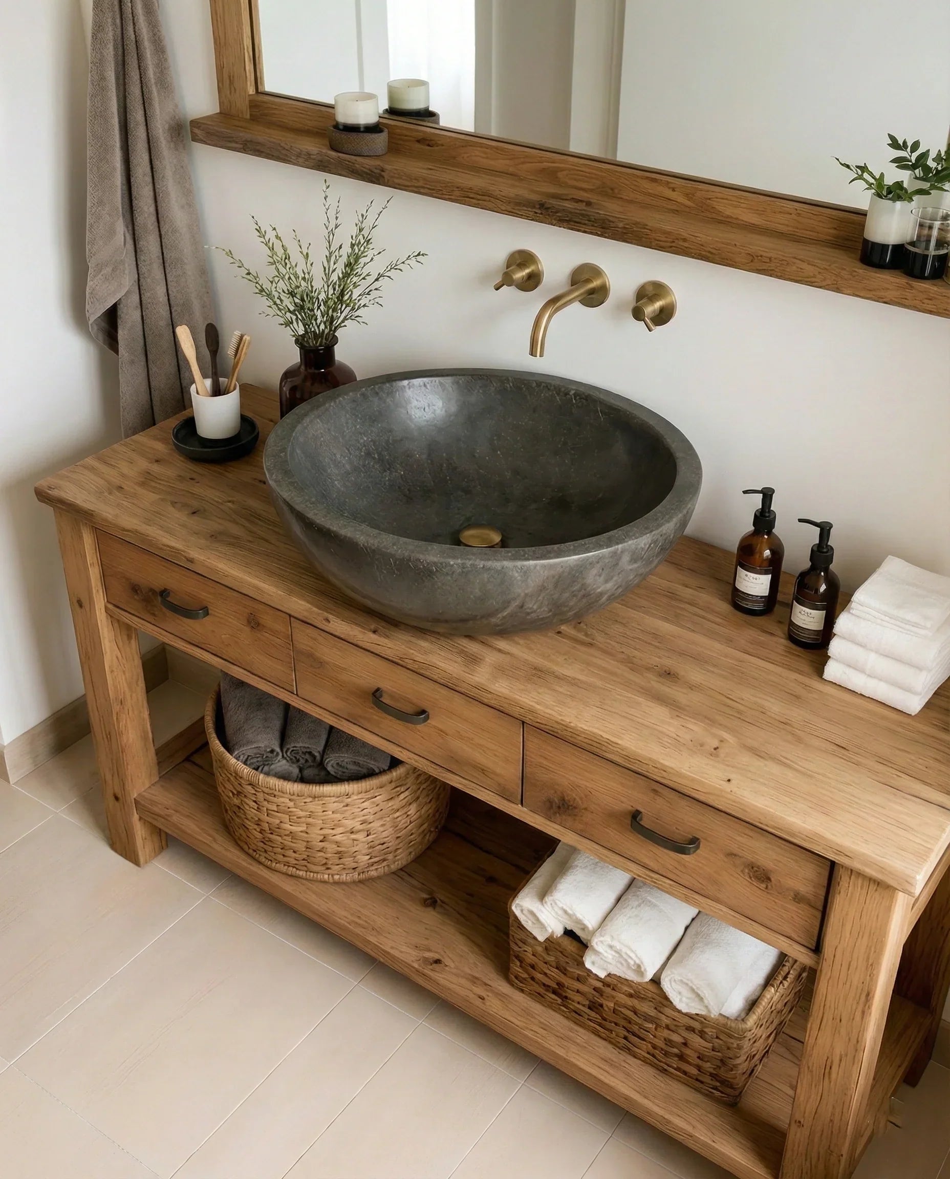 Handcrafted Natural Solid Wood Open-Shelf Bathroom Vanity - Rustirawood