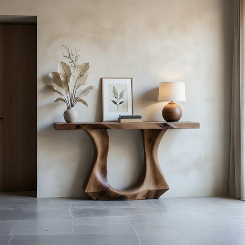 Handcrafted Solid Wood Console Table with Sculptural Twin-Base Design - Rustirawood