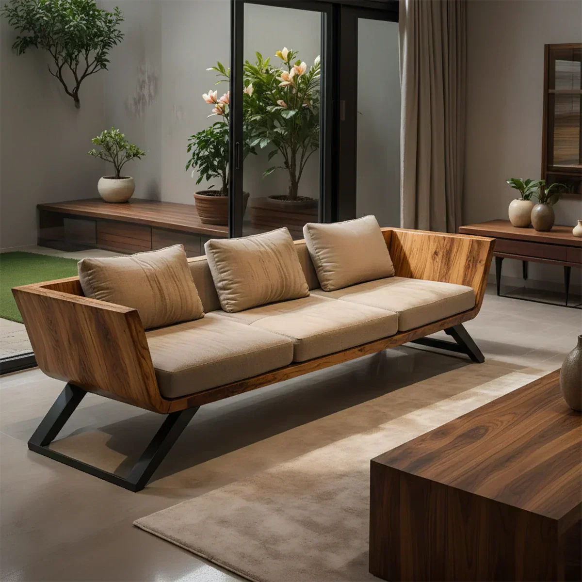 Handcrafted Solid Wood Cotton Sofa – Modern Minimalist Comfort - Rustirawood