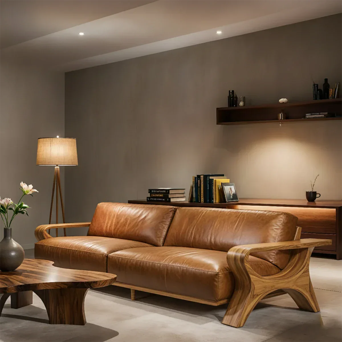 Handcrafted Solid Wood Leather Sofa – Modern Rustic Elegance - Rustirawood