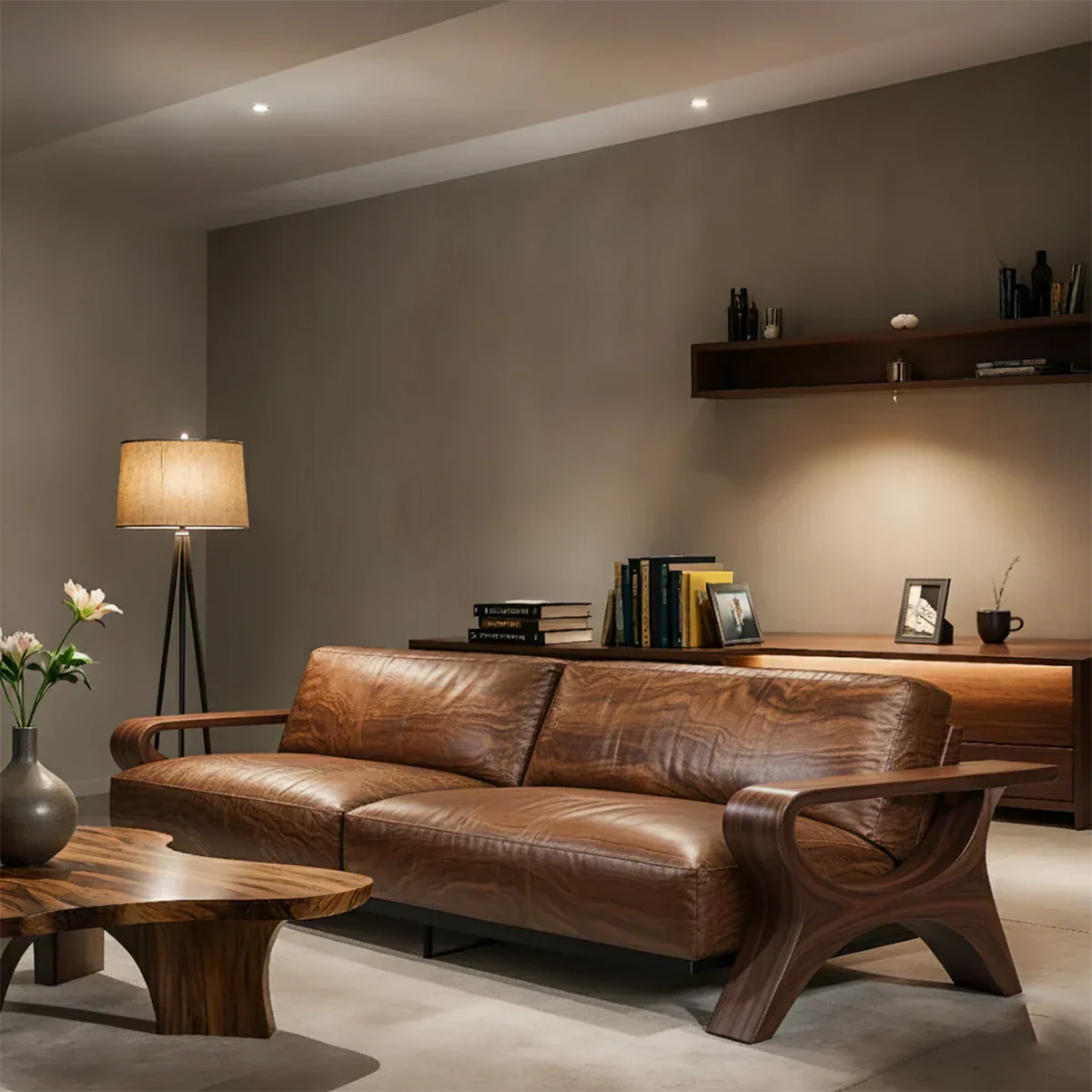 Handcrafted Solid Wood Leather Sofa – Modern Rustic Elegance - Rustirawood