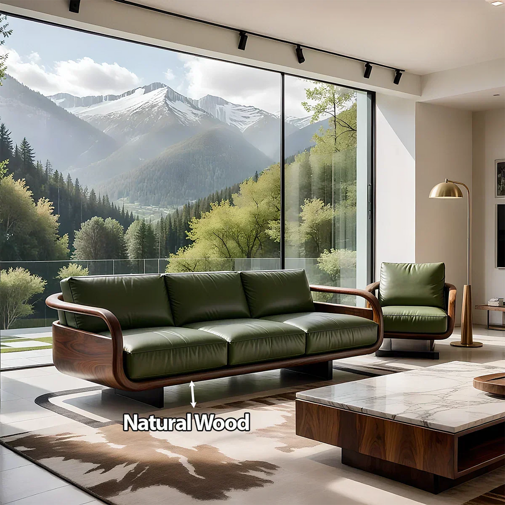 Handcrafted Solid Wood Leather Sofa – Rustic Natural Wood Finish - Rustirawood