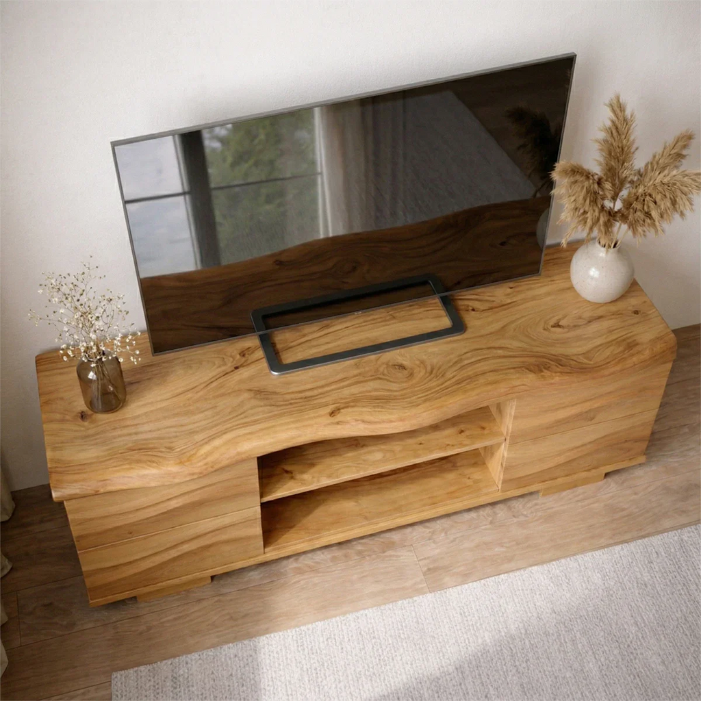 Handcrafted Solid Wood TV Stand with Double Drawer Storage and Open Center Shelves - Rustirawood