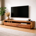Handcrafted Solid Wood TV Stand with Full-Length Open Shelf and Hidden Drawer Storage - Rustirawood