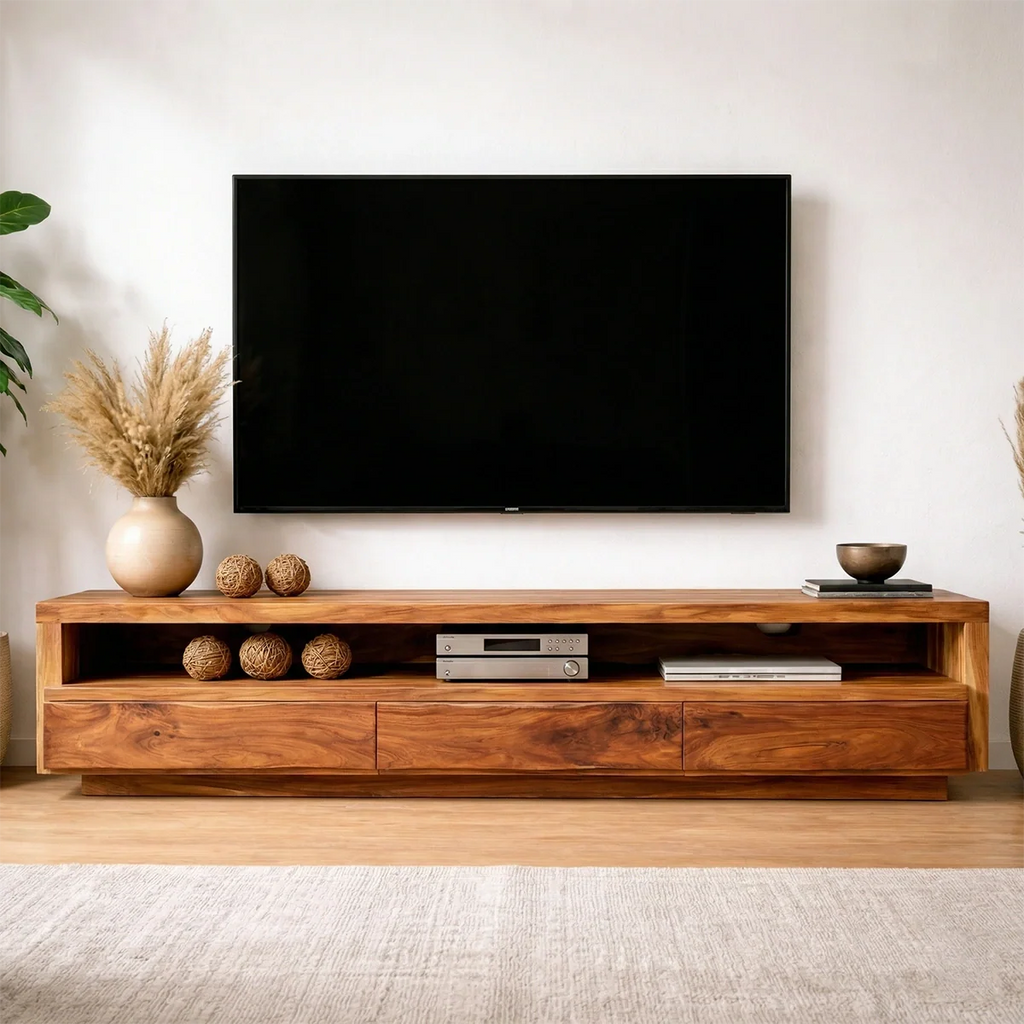 Handcrafted Solid Wood TV Stand with Full-Length Open Shelf and Hidden Drawer Storage - Rustirawood