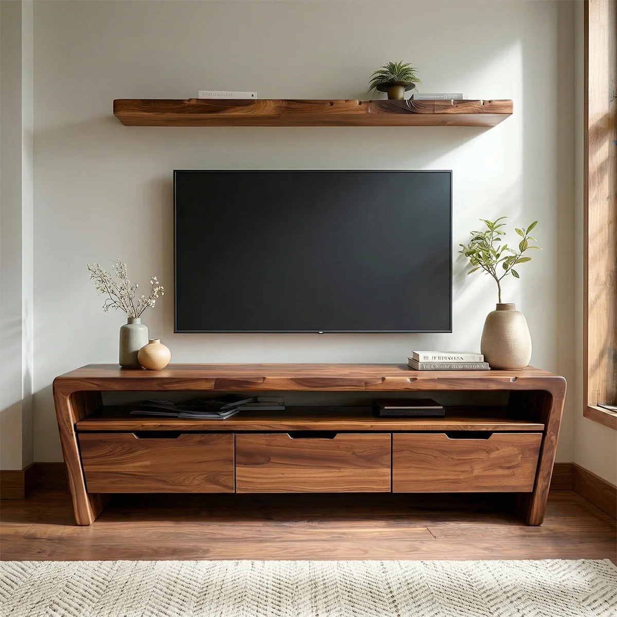 Handcrafted Solid Wood TV Stand with Rounded Frame and Hidden Drawer Storage - Rustirawood