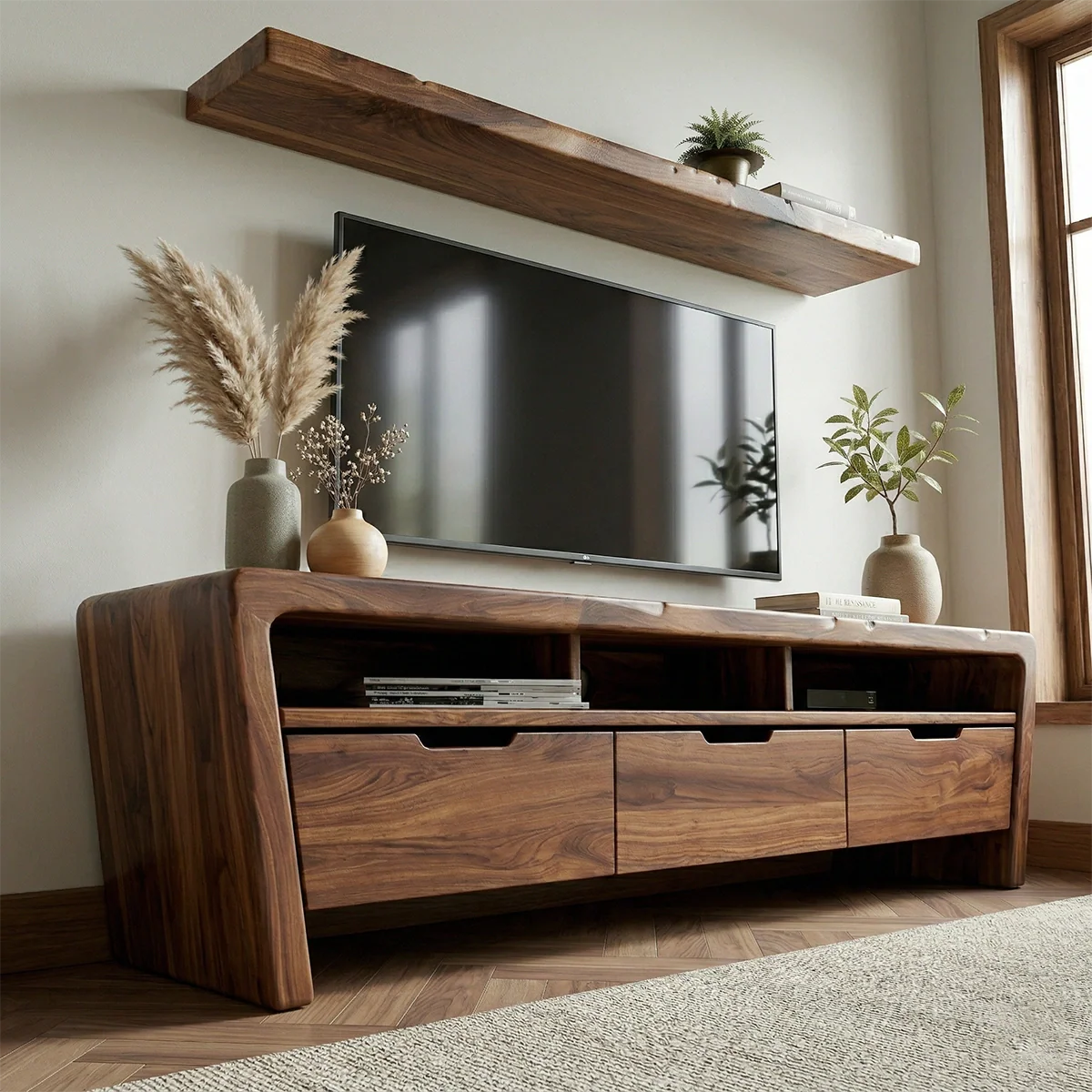 Handcrafted Solid Wood TV Stand with Rounded Frame and Hidden Drawer Storage - Rustirawood