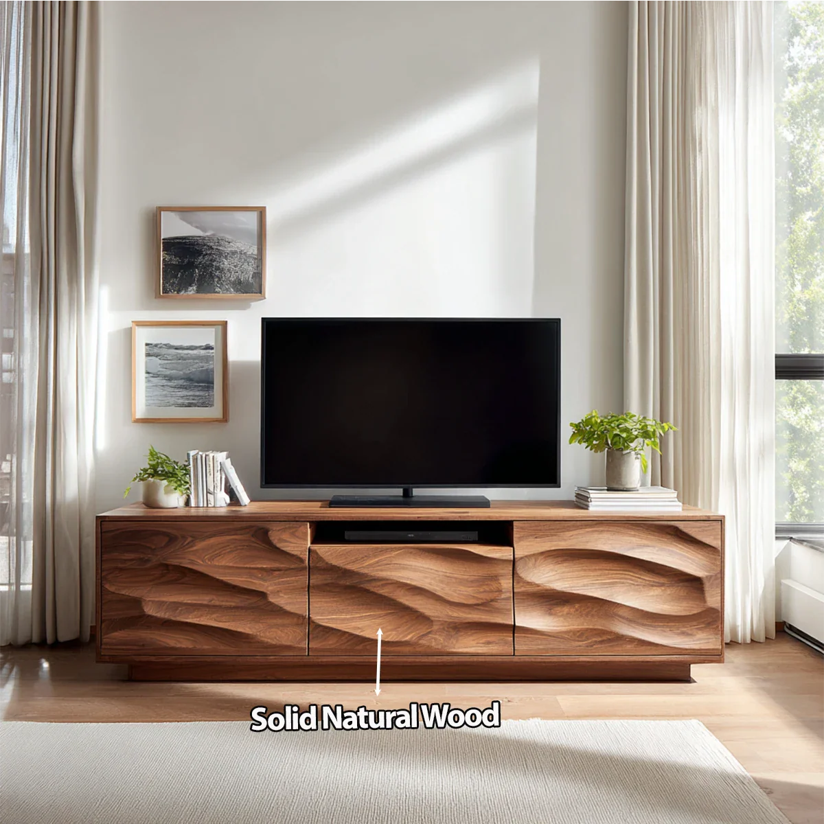 Handcrafted Solid Wood TV Stand with Sculpted Wave Cabinets and Center Media Storage - Rustirawood