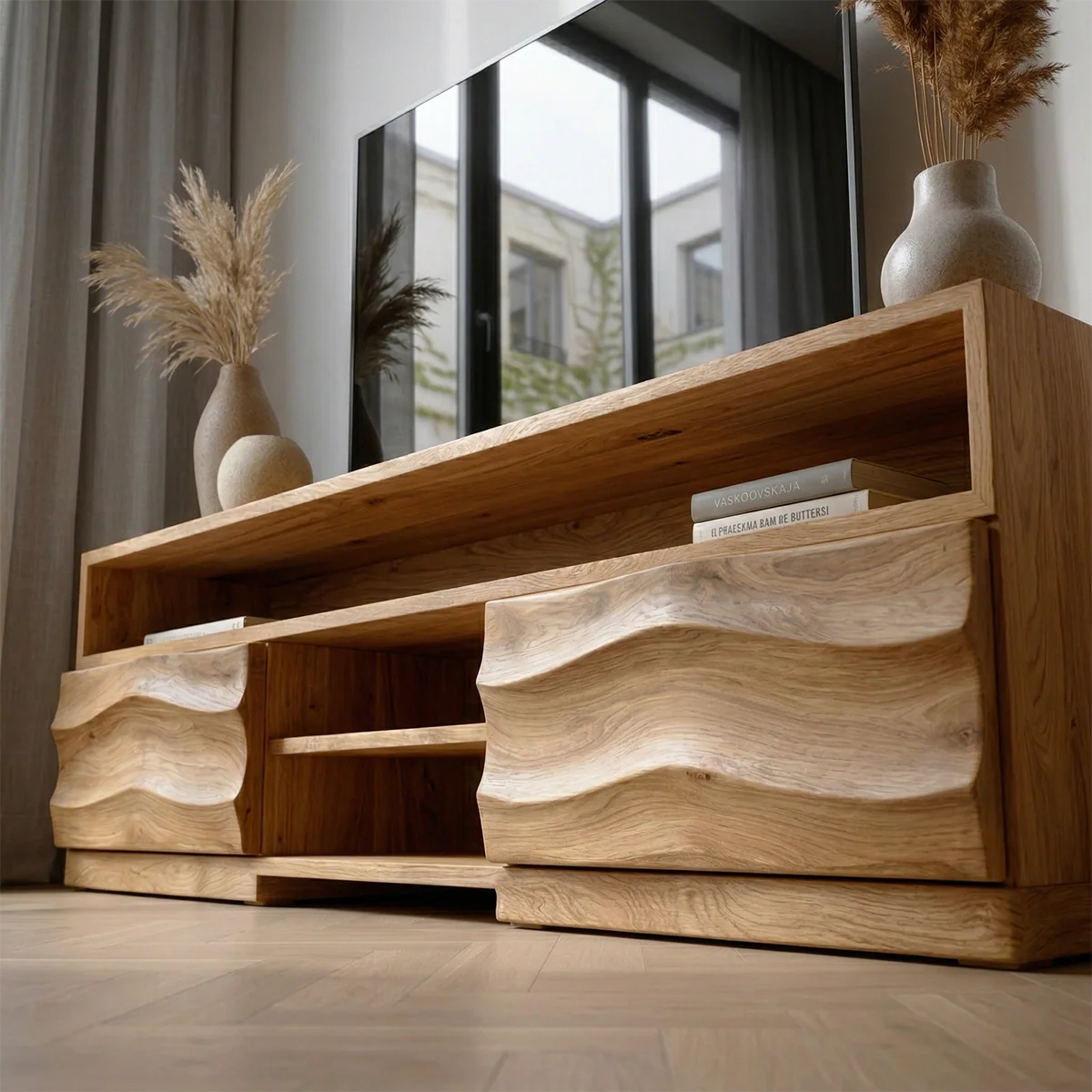 Handcrafted Solid Wood TV Stand with Sculpted Wave Cabinets and Layered Open Shelving - Rustirawood