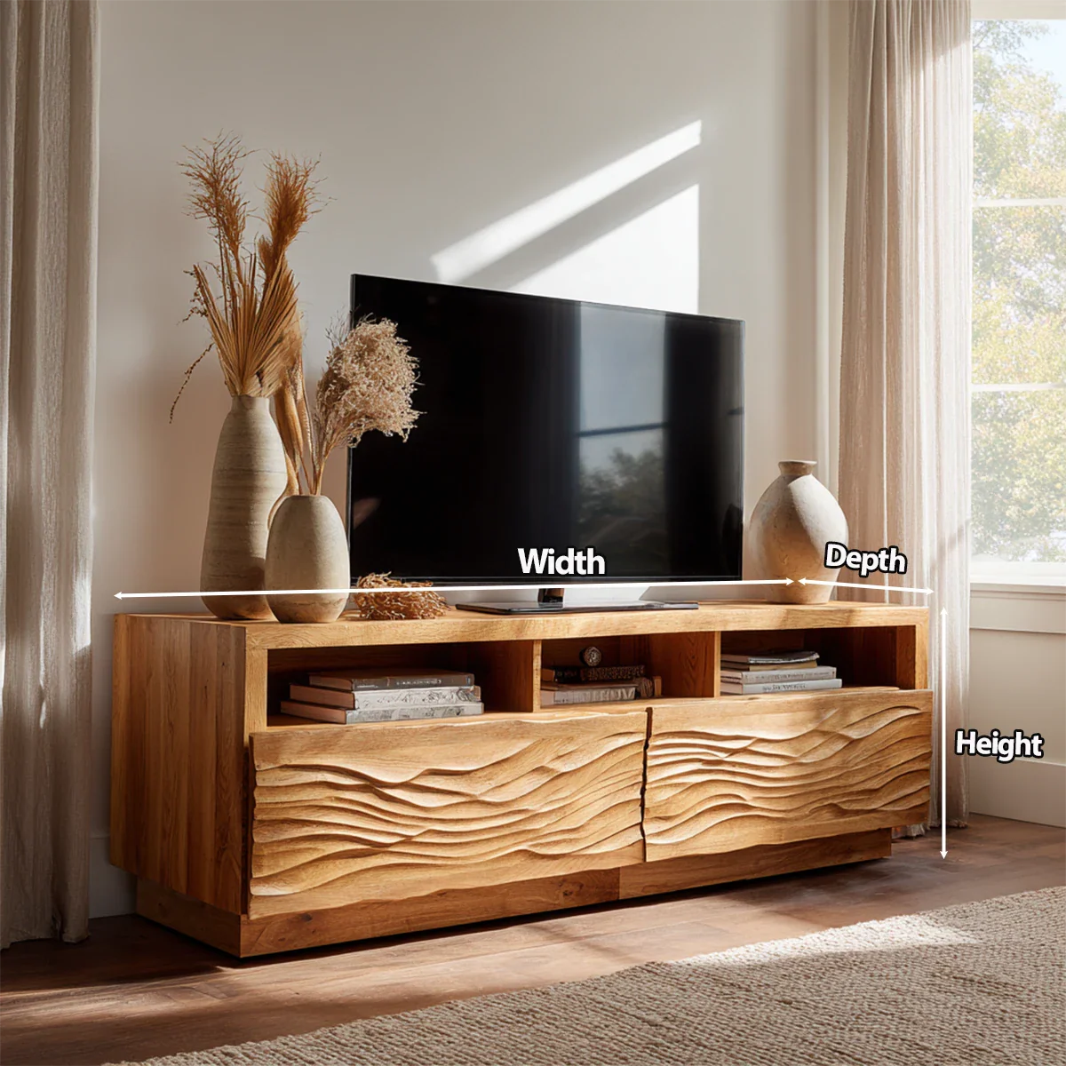 Handcrafted Solid Wood TV Stand with Sculpted Wave Doors and Open Media Compartments - Rustirawood