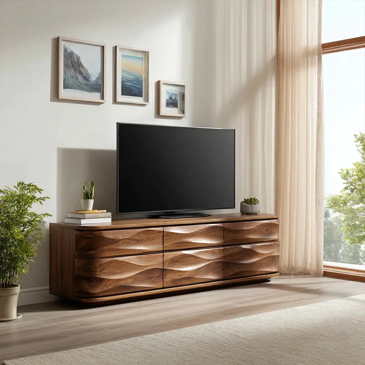 Handcrafted Solid Wood TV Stand with Sculpted Wave Drawers and Full Storage Cabinet - Rustirawood