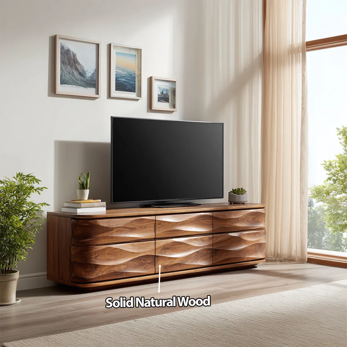 Handcrafted Solid Wood TV Stand with Sculpted Wave Drawers and Full Storage Cabinet - Rustirawood
