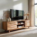 Handcrafted Solid Wood TV Stand with Sculpted Wave Drawers and Mid Century Frame - Rustirawood