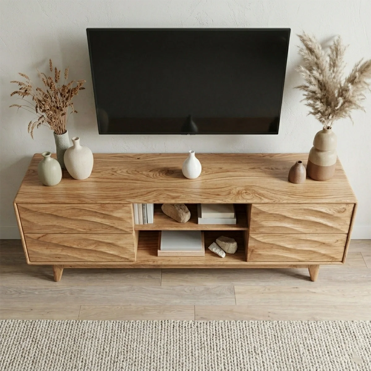 Handcrafted Solid Wood TV Stand with Sculpted Wave Drawers and Mid Century Frame - Rustirawood