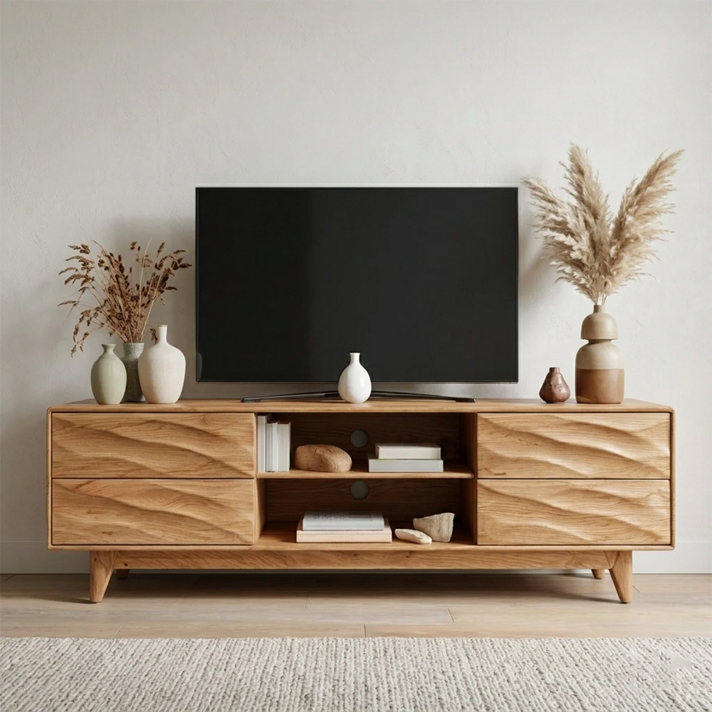 Handcrafted Solid Wood TV Stand with Sculpted Wave Drawers and Mid Century Frame - Rustirawood