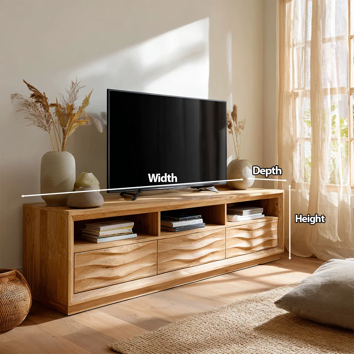 Handcrafted Solid Wood TV Stand with Sculpted Wave Drawers and Multi Open Media Compartments - Rustirawood