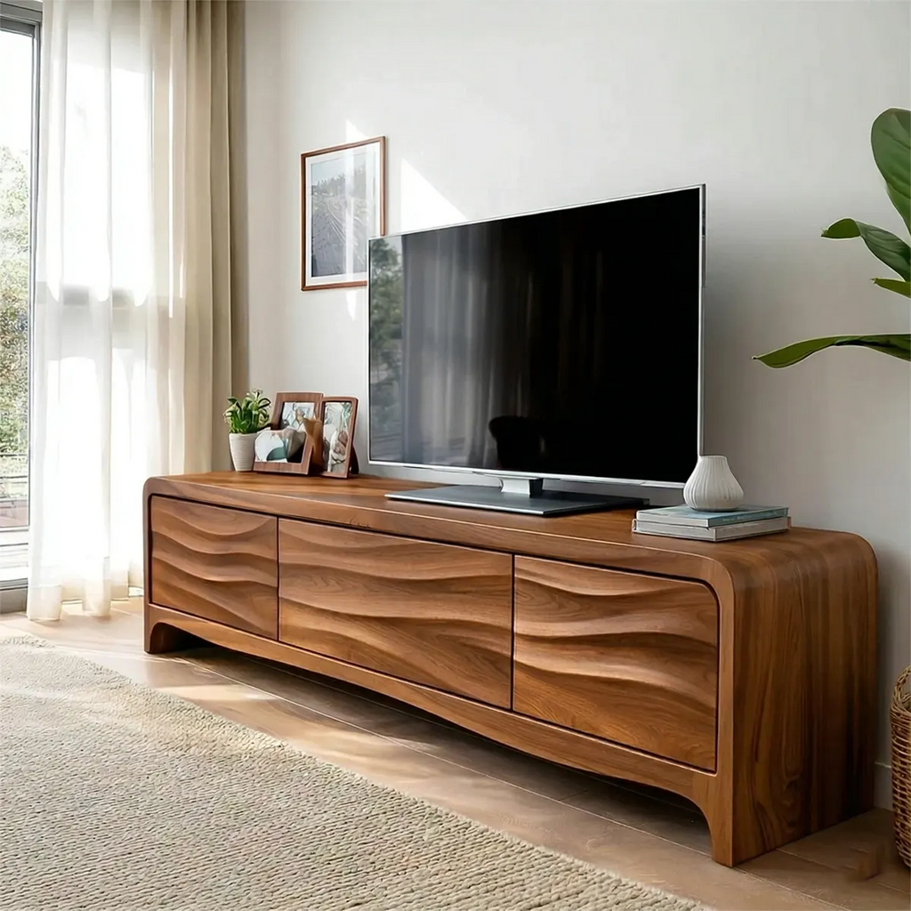 Handcrafted Solid Wood TV Stand with Sculpted Wave Panels and Rounded Frame Design - Rustirawood