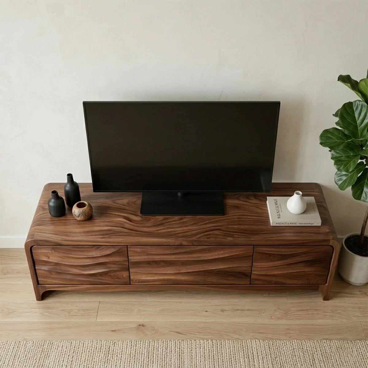 Handcrafted Solid Wood TV Stand with Sculpted Wave Panels and Rounded Frame Design - Rustirawood